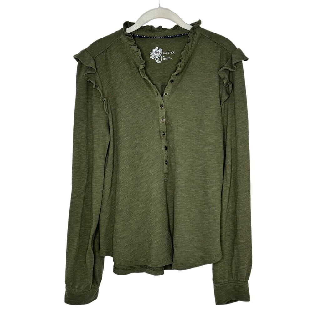 Pilcro Army Green Long Sleeve Cotton Modal Ruffles Anthropologie Size M